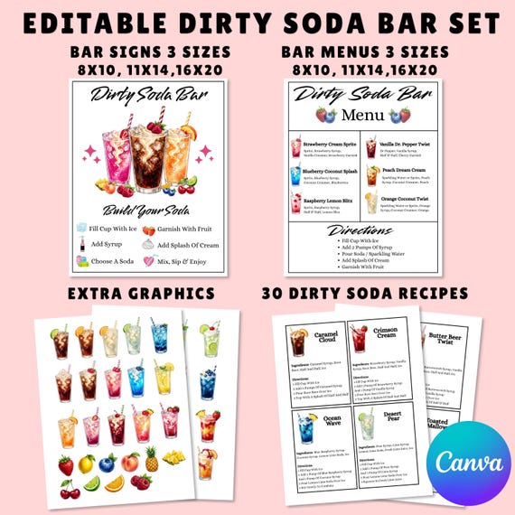 Dirty Soda Bar Sign, Dirty Soda Party Decor, Build Your Own Soda Bar Sign, Dirty Soda Printable Menu, Soda Bar Party Sign, Canva Editable