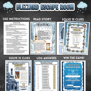 Printable winter blizzard diy escape room kit for older kids, teens and adults. Logic puzzles to solve indoors winter boredom activity, includes answers, story, survivors log and certificate. Set up your own winter indoor escape room easy.
