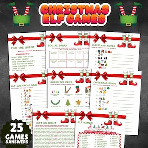 May include: A collection of 25 Christmas Elf Games and Answers. The games include Social Bingo, Elf Job Emoji Game, Guess the Price, and Christmas Songs. The design features red bows, elf legs, and the text "Christmas Elf Games".