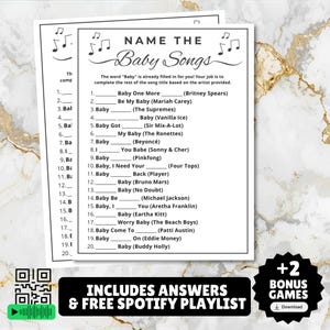 guess the baby song name the baby song printable music trivia game for baby showers and baby sprinkles, fun activity for newborn moms and mommy to be comes with 2 bonus games and a linked Spotify playlist for free with matching songs, guess the baby song name, answers included, just print and play
