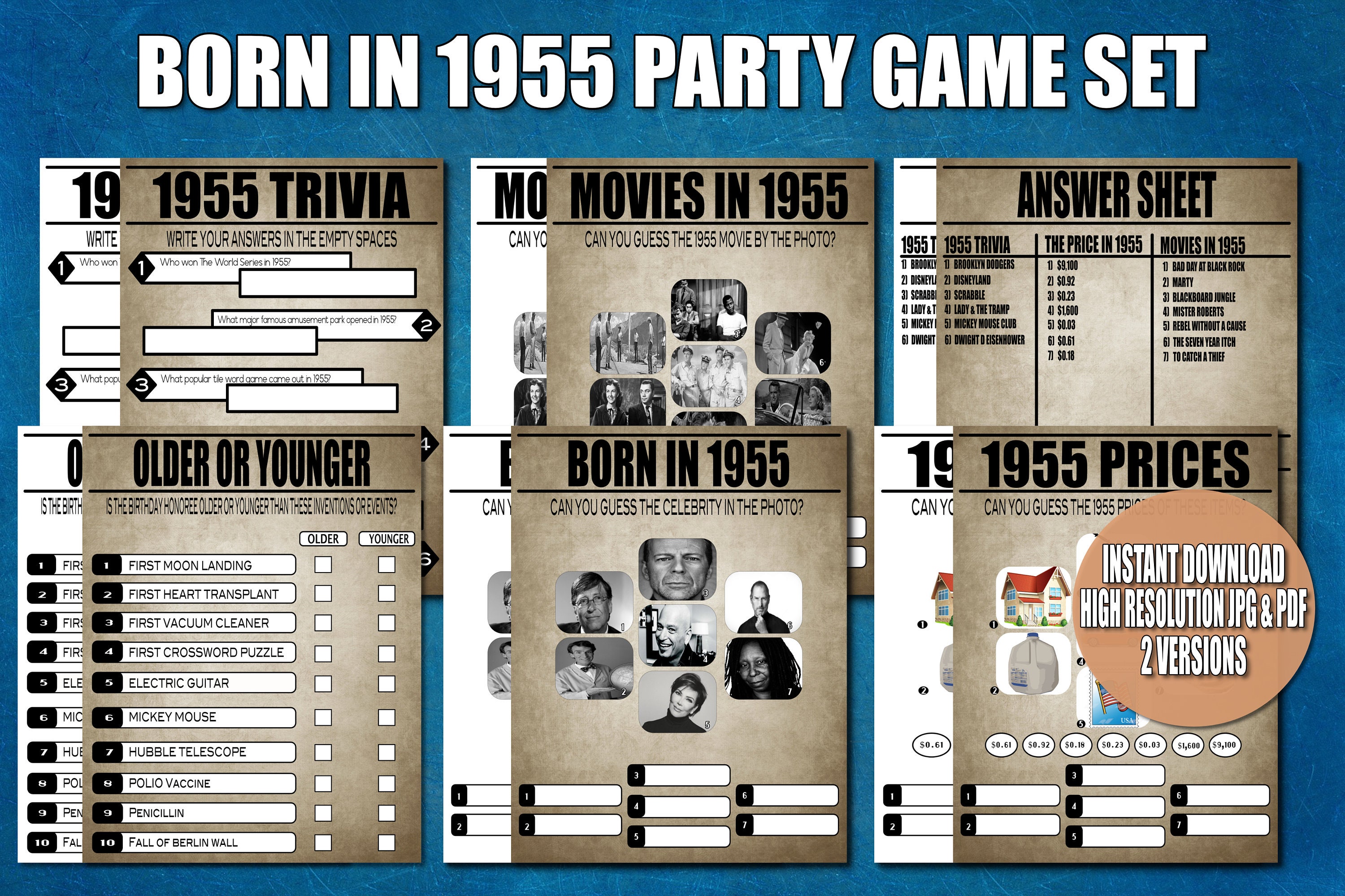 Born in 1955 Trivia Game 67th Birthday Games for Women and Men Powerpoint Presentation and Printable Game NEW 67th Birthday Party Games