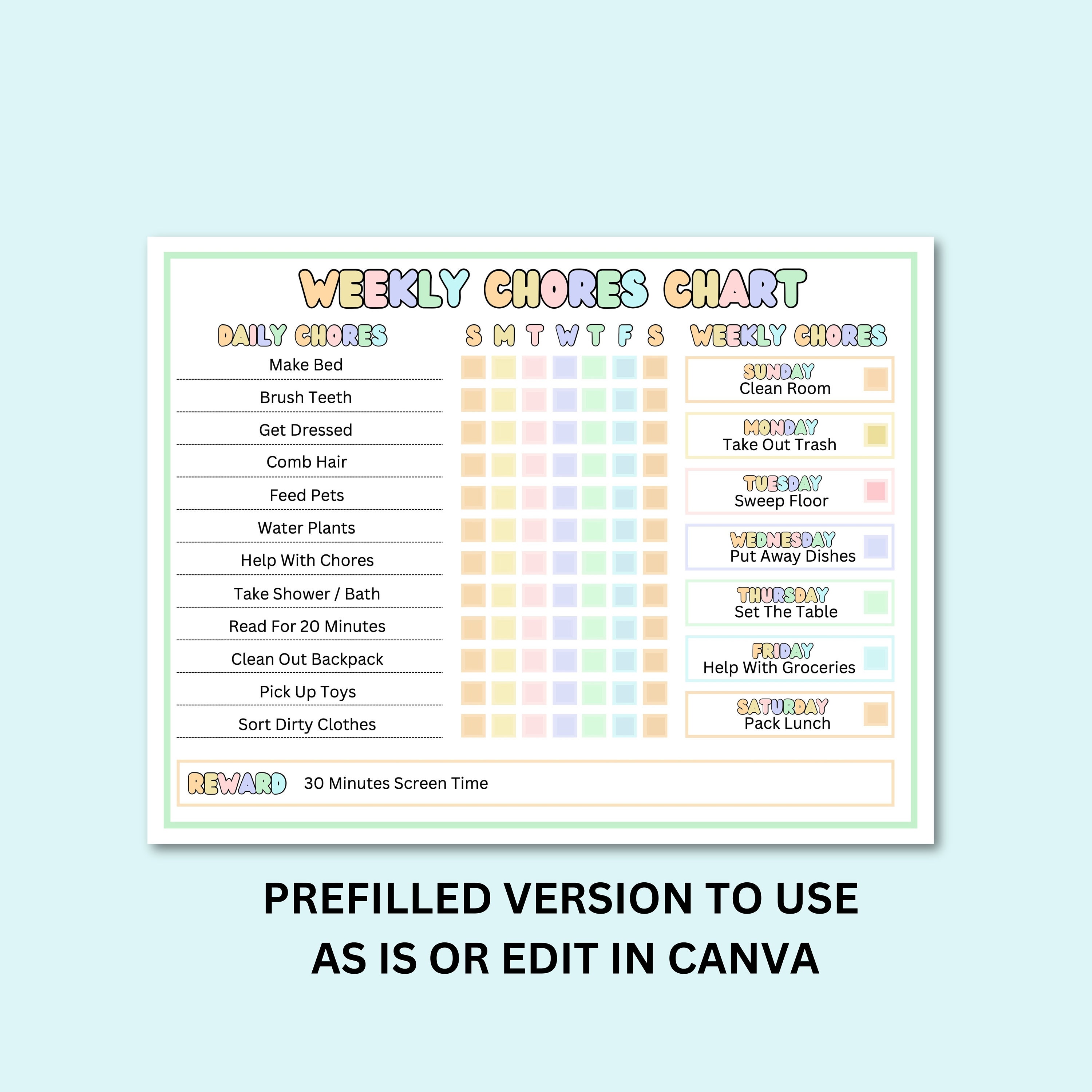 Editable Chore Chart for Kids | Printable | Kids Daily Weekly ...