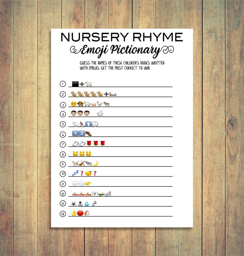 Nursery Rhyme Emoji Pictionary Baby Shower Games Printable | Etsy