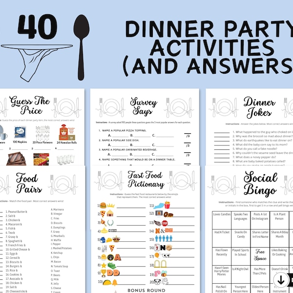 Printable Family Friends Dinner Party Games | Work Icebreaker Games | Happy Hour Group Gathering Games And Answers | Trivia Emoji