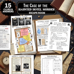 Utskrivbart escape room-spel med spökhotell, detektivmysterium för kalla fall, mordpusselspel, festaktivitet för vuxna tonåringar, direktnedladdning