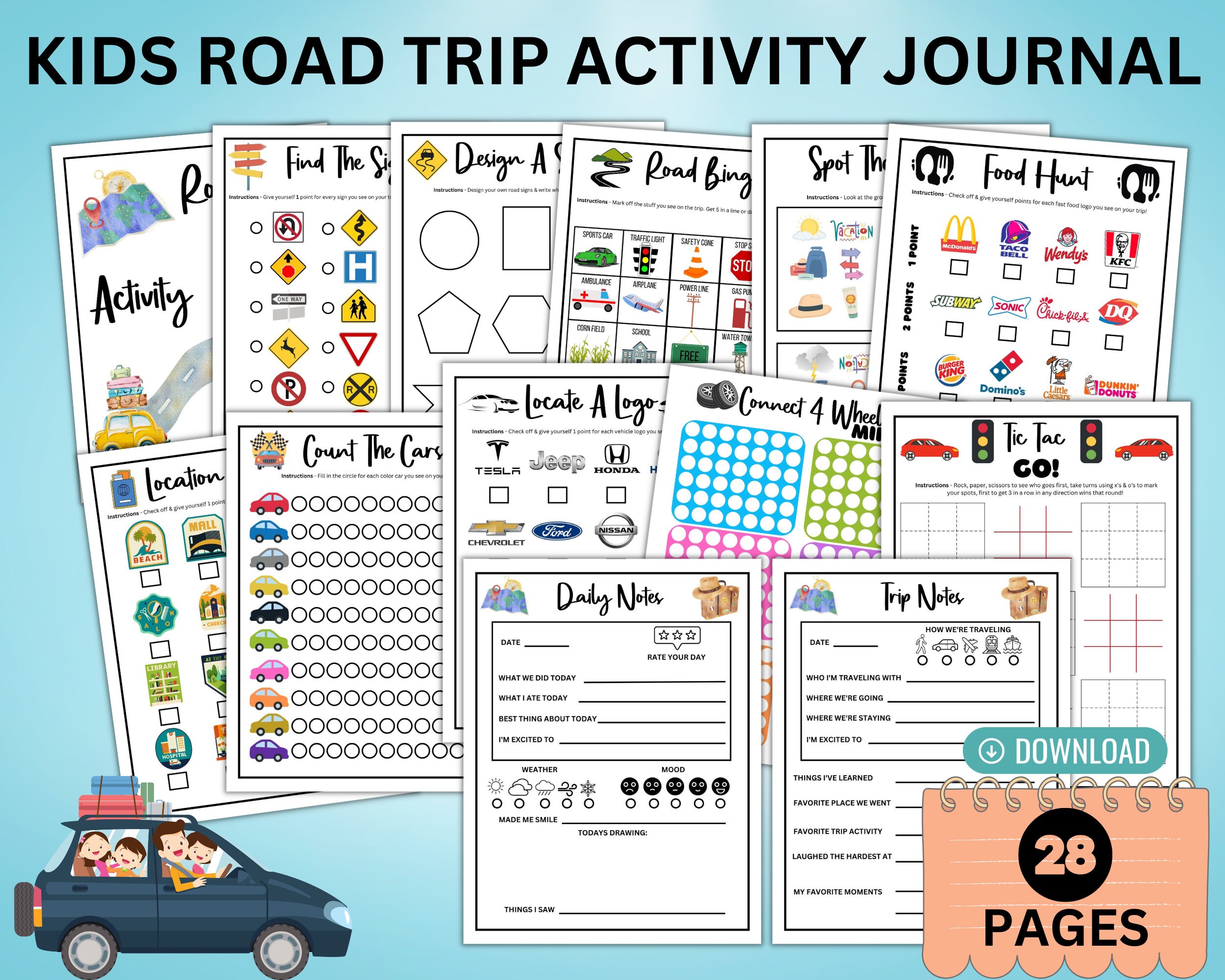 48 cartes Chasse au trésor Road Trip | Jeu Imprimable Road Trip | Chasse au trésor en famille sur la route | Jeu de Vacances en Famille | Jeu de promenade en voiture - France