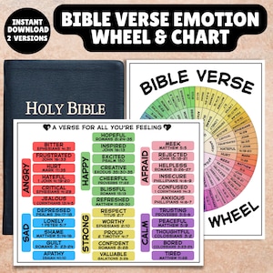 May include: A Bible Verse Emotion Wheel & Chart, including a black Holy Bible, a wheel chart, and a verse chart. The charts show emotions with related Bible verses, providing guidance and support.