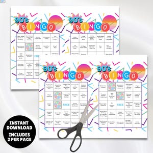 100 printable 1990s music greatest hits bingo cards with a linked Spotify playlist, simply print the cards, open the playlist link and you're ready to party and sing along to the hits from the 90s great for birthdays, seniors, theme parties, church events, office parties and gatherings.