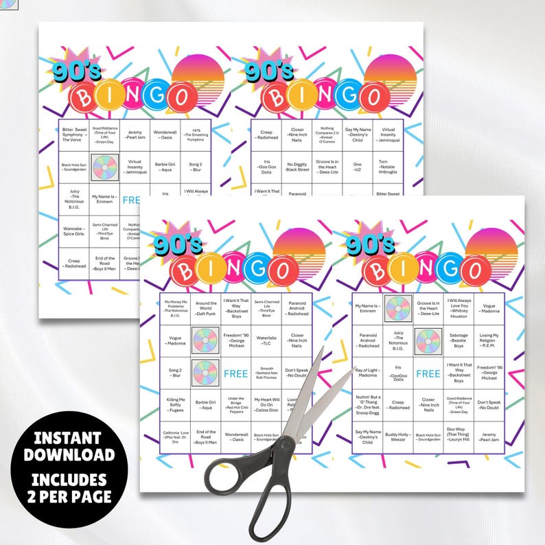 100 printable 1990s music greatest hits bingo cards with a linked Spotify playlist, simply print the cards, open the playlist link and you're ready to party and sing along to the hits from the 90s great for birthdays, seniors, theme parties, church events, office parties and gatherings.