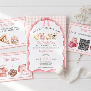 Pink Farm Birthday Invitation | Girl Barnyard Party Animal Invite | Farm Theme 2nd Birthday Digital Canva Template | Instant Download
