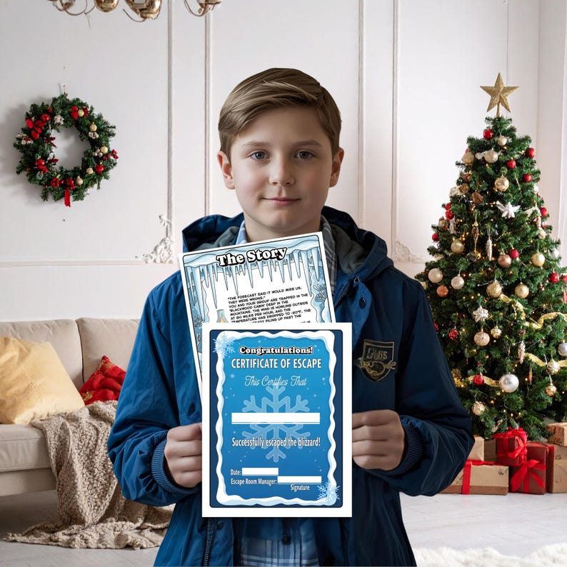 Printable winter blizzard diy escape room kit for older kids, teens and adults. Logic puzzles to solve indoors winter boredom activity, includes answers, story, survivors log and certificate. Set up your own winter indoor escape room easy.