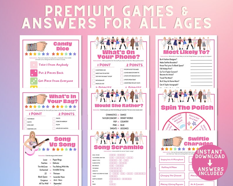 swiftie party printable games bundle with answers great for teens and tweens Taylor fans or eras tour concert activities, birthday parties or sleepovers. Includes song bingo, trivia, and emoji games.