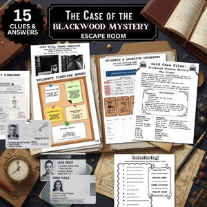 May include: An escape room game with the title "The Case of the Blackwood Mystery." The image shows various clues, documents, and evidence, including a timeline board, detective log, and cold case files. The game includes 15 clues and answers.