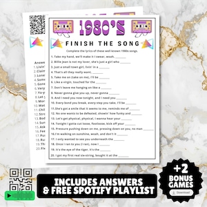 printable 1980s themed finish the song, find a guest who music icebreaker game, and 1980s emoji pictionary printable games with answers and Spotify playlist great for birthdays, seniors, church, classroom and baby showers or wedding showers.