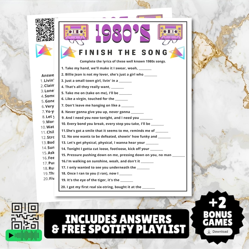 printable 1980s themed finish the song, find a guest who music icebreaker game, and 1980s emoji pictionary printable games with answers and Spotify playlist great for birthdays, seniors, church, classroom and baby showers or wedding showers.