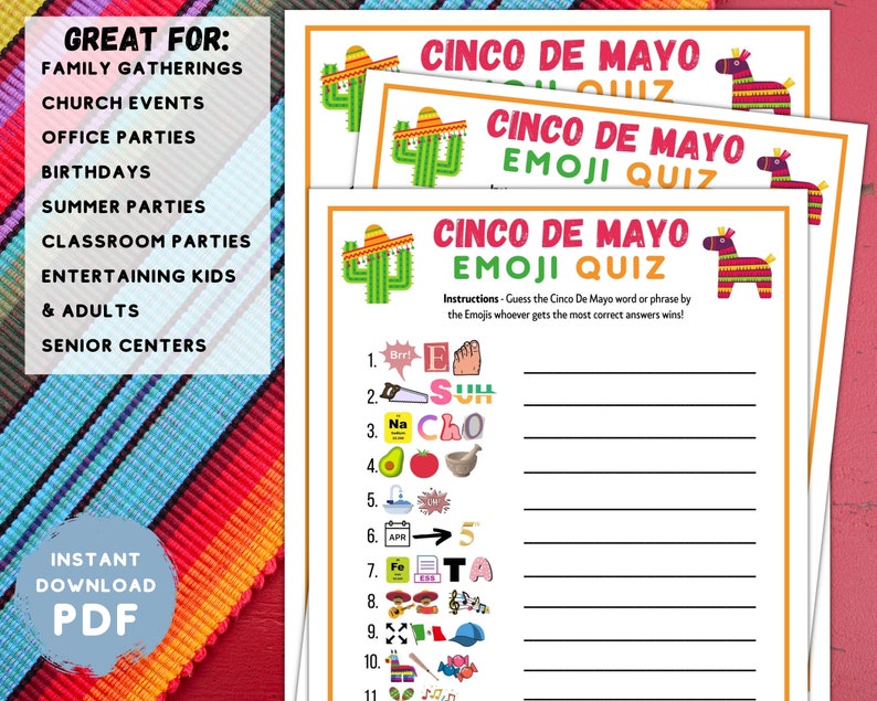 May include: A printable Cinco de Mayo Emoji Quiz game with instructions to guess the Cinco de Mayo word or phrase by the emojis. The game features a colorful background with a cactus and a pi&ntilde;ata.