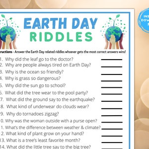 Printable Earth Day Fun Riddle Game | Classroom Work Seniors Activity | Funny Earth Joke Quiz | Earth Day Challenge Idea | Family Activity