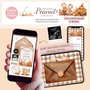 May include: A digital baby shower invitation website template featuring Peanuts characters, pumpkins, and autumn themes. The design includes an RSVP form, music player, and ultrasound photo placeholder, displayed on a smartphone and tablet screen.