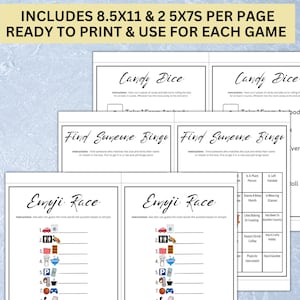 May include: Printable game cards for Candy Dice, Find Someone Bingo, and Emoji Race. The cards are black and white and feature instructions for each game.
