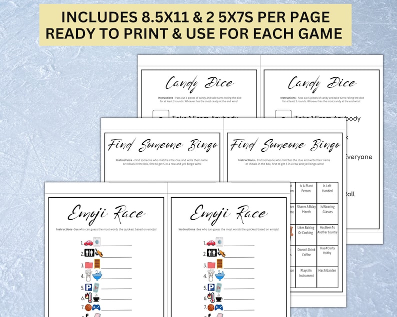 May include: Printable game cards for Candy Dice, Find Someone Bingo, and Emoji Race. The cards are black and white and feature instructions for each game.