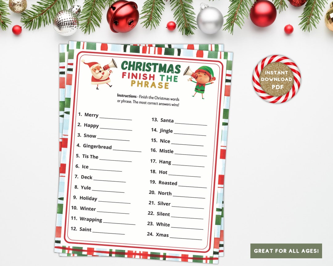 Printable Finish the Phrase Christmas Game holiday Party Quiz Kids Printable Finish the Phrase Christmas Game holiday Party Quiz Kids