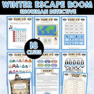May include: A collection of printable winter-themed escape room game clues. The game is titled "Winter Escape Room Snowman Detective" and includes various puzzles, riddles, and a certificate of achievement. The clues are on blue and white cards.