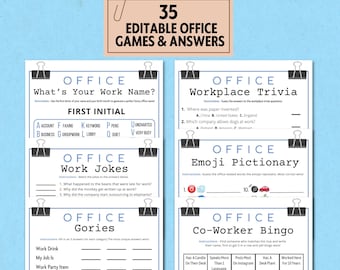 May include: A printable set of 35 editable office games and answers. The games include "What's Your Work Name?", "Workplace Trivia", "Work Jokes", "Emoji Pictionary", "Gories", and "Co-Worker Bingo".
