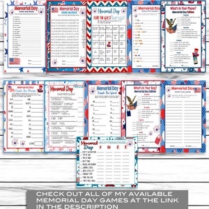 May include: A collection of Memorial Day themed printable games, including word searches, trivia, bingo, and emoji puzzles. The designs feature red, white, and blue patriotic colors with stars and fireworks. The text "Memorial Day" is prominently displayed on each game.