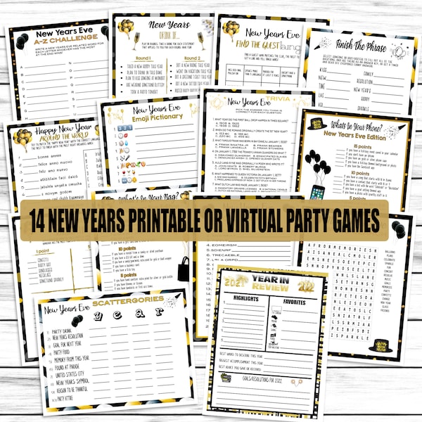 14 New Years Eve Games, NYE Party Games, Trivia, Adults, Kids, Family Games, Activities. Printable or Virtual Party Games, Instant Download