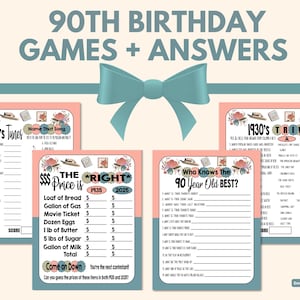 May include: Four printable game cards for a 90th birthday party. The cards are pink with floral designs and feature games like "1930's Tunes", "Name That Song", "Price is Right", "Who Knows the 90 Year Old Best?" and "1930's Trivia".