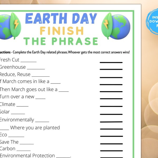 Printable Earth Day Finish The Phrase Game | Classroom Office Seniors Challenge | Earth Quiz | Earth Day Idea | Family Trivia Activity