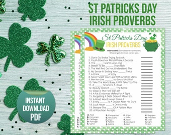 St Patricks Day Irish Proverbs Game, Printable Finish The Phrase St Paddys Office Classroom Activity, Saint Pattys Party Quiz Kids & Adults