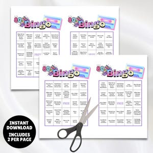 printable 1980s music party bingo cards 100 unique cards instructions and a Spotify music playlist all you have to do is print, and click on the link to set up the game, great for birthdays, 80s parties, senior centers retro parties and more 1980s greatest hits bingo!