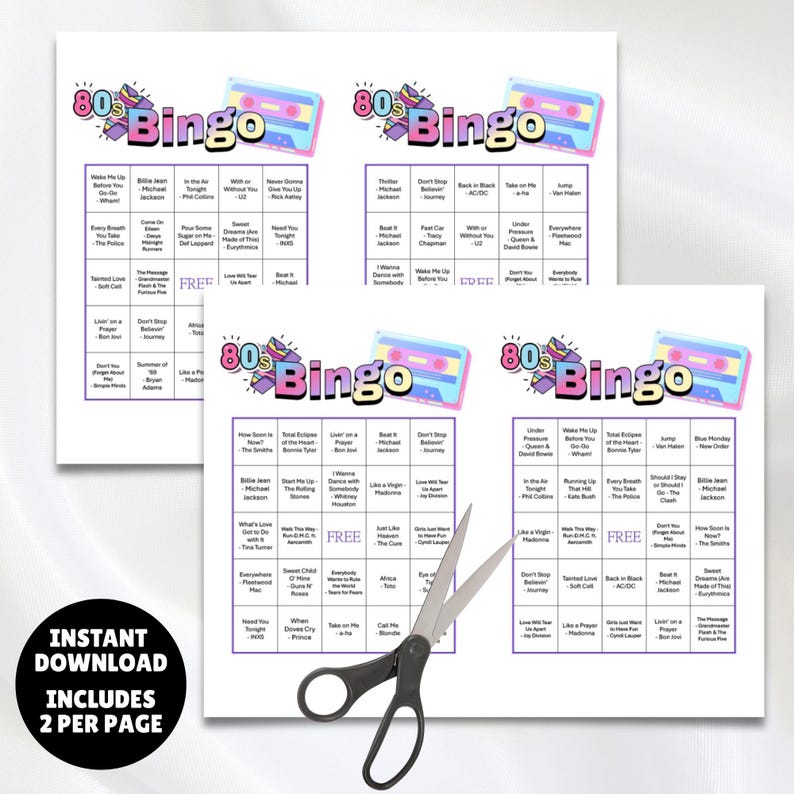 printable 1980s music party bingo cards 100 unique cards instructions and a Spotify music playlist all you have to do is print, and click on the link to set up the game, great for birthdays, 80s parties, senior centers retro parties and more 1980s greatest hits bingo!