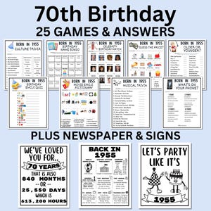 70er Geburtstag Geburtstags Spiele Bundle | Geburtstag 1955 Party Idee | 70er Jahre Geburtstagsparty Aktivitäten Mann Frau 1955 Zeitung Poster Trivia Quiz