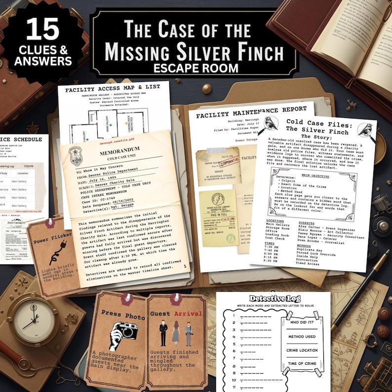 Detective escape room printable cold case mystery game for teens & adults logic puzzle game night activity with 15  clues or puzzles, instructions, answers and certificate for win, great for ages 12 and up.