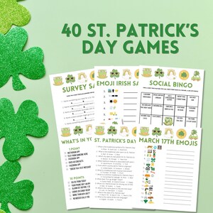 St Patricks Day Printable Party Games Bundle With Answers | Church Work School Paddys Party Ideas | Vintage Fun Quiz Set | Adults Kids Games