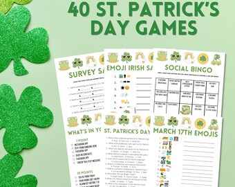 St Patricks Day Printable Party Games Bundle With Answers | Church Work School Paddys Party Ideas | Vintage Fun Quiz Set | Adults Kids Games