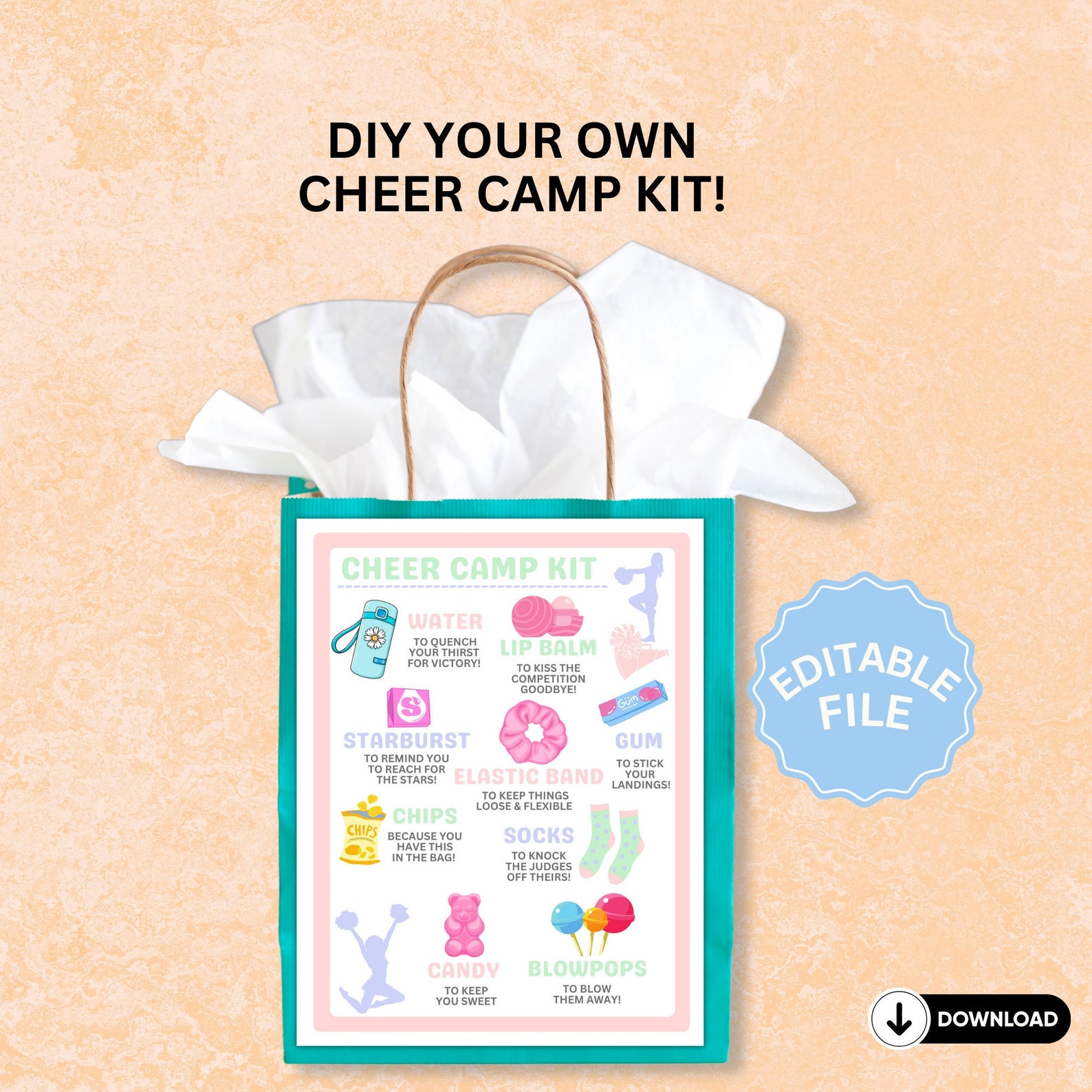 Editable DIY Cheer Camp Survival Kit Printable Gift Bag Flyer | Cheer ...