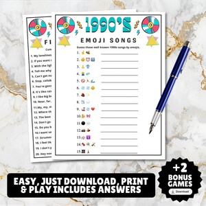printable 1990s themed finish the song, find a guest who music icebreaker game, and 1990s emoji pictionary printable games with answers and Spotify playlist great for birthdays, seniors, church, classroom and baby showers or wedding showers.