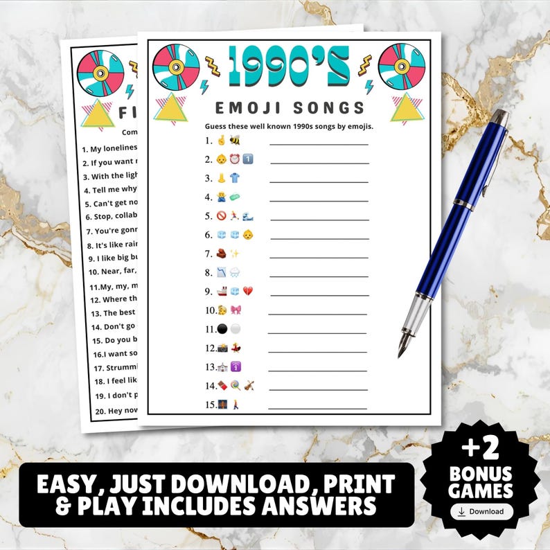 printable 1990s themed finish the song, find a guest who music icebreaker game, and 1990s emoji pictionary printable games with answers and Spotify playlist great for birthdays, seniors, church, classroom and baby showers or wedding showers.