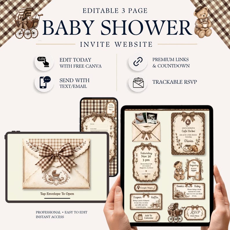 Party Invite Raffles Cafe Bebe Baby Shower Website Invitation, Editable Canva RSVP Phone ...