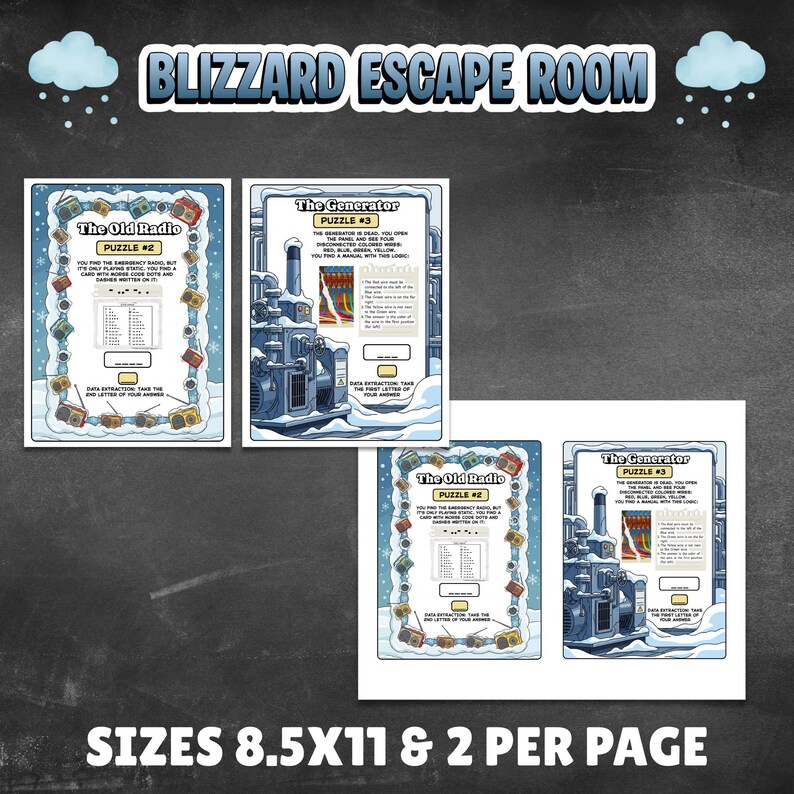 Printable winter blizzard diy escape room kit for older kids, teens and adults. Logic puzzles to solve indoors winter boredom activity, includes answers, story, survivors log and certificate. Set up your own winter indoor escape room easy.