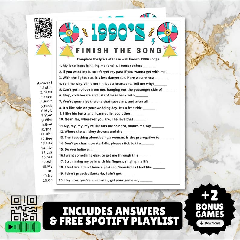 printable 1990s themed finish the song, find a guest who music icebreaker game, and 1990s emoji pictionary printable games with answers and Spotify playlist great for birthdays, seniors, church, classroom and baby showers or wedding showers.