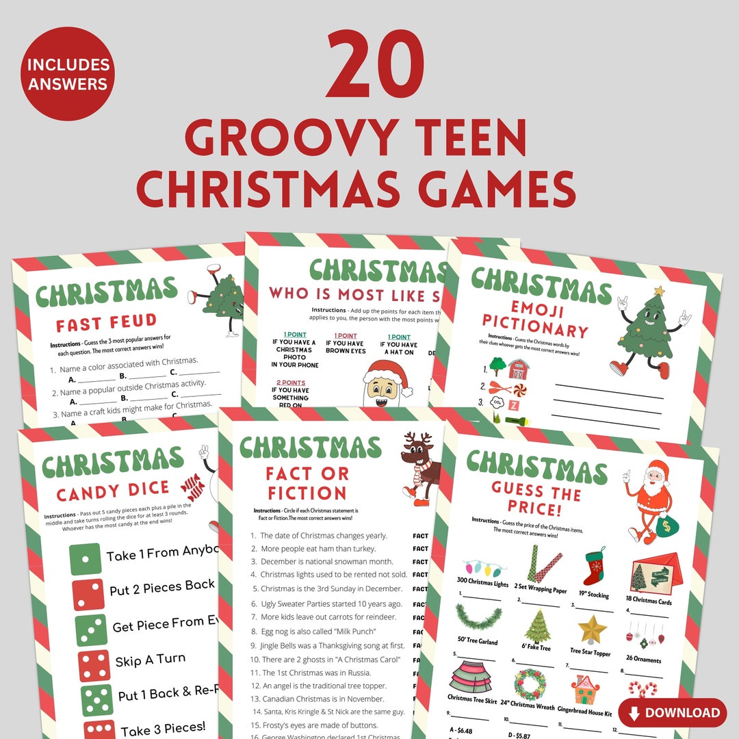 Teen Christmas Party Games | Groovy Retro Xmas Printable Games Bundle