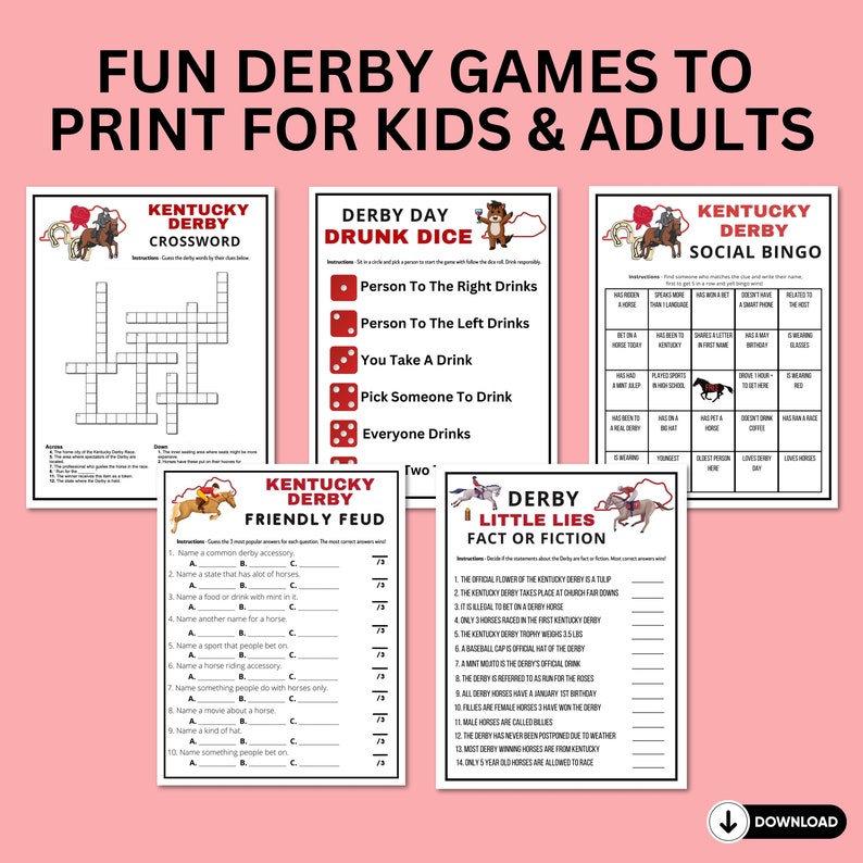 Fun 20 printable game bundle with answers to print and play at your Kentucky derby party for kids and adults, or seniors great for office or classroom parties.
