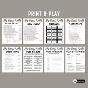 May include: Printable black and white game cards with a book theme. The cards feature games like "Riddle Me This", "How Many?", "Charades", "Icebreakers", "Book Trivia", "Pass the Gift", "Word Jumble Race", and "What's on Your Phone?"