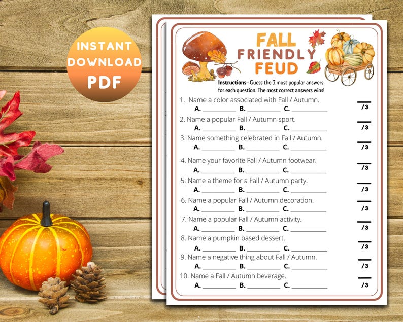 Fall Friendly Feud Trivia Quiz Printable Ideas Game | Autumn Family Activity for Fall Gatherings ...