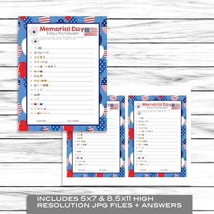 May include: A set of Memorial Day Emoji Pictionary game sheets. The sheets feature a blue background with red, white, and blue balloons and American flags. The game includes a list of emojis to decipher, with space for a name and score.