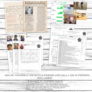 May include: A crime scene investigation kit with documents, photos, and interview transcripts. The kit includes a newspaper article, police reports, and a 911 call transcript. The text on the documents reads "Los Angeles County Times" and "LA County Sheriff Department".